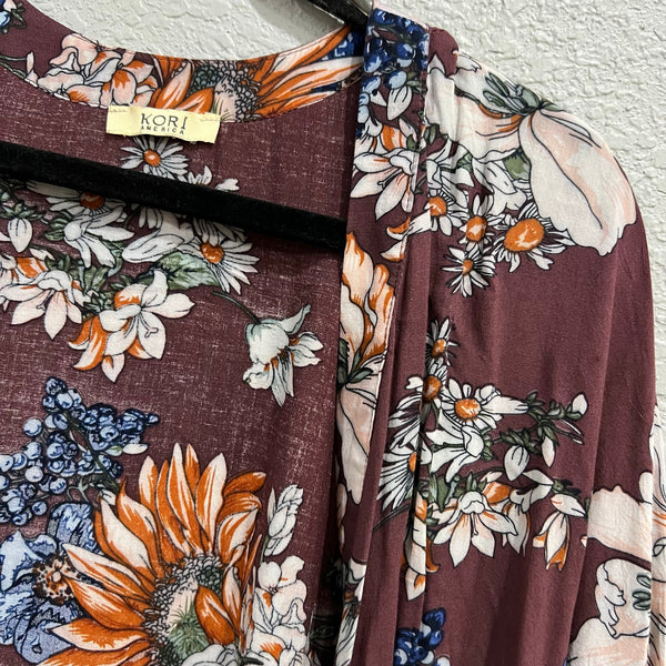 Kori America Maroon Floral Midi Bohemian Kimono Size Medium