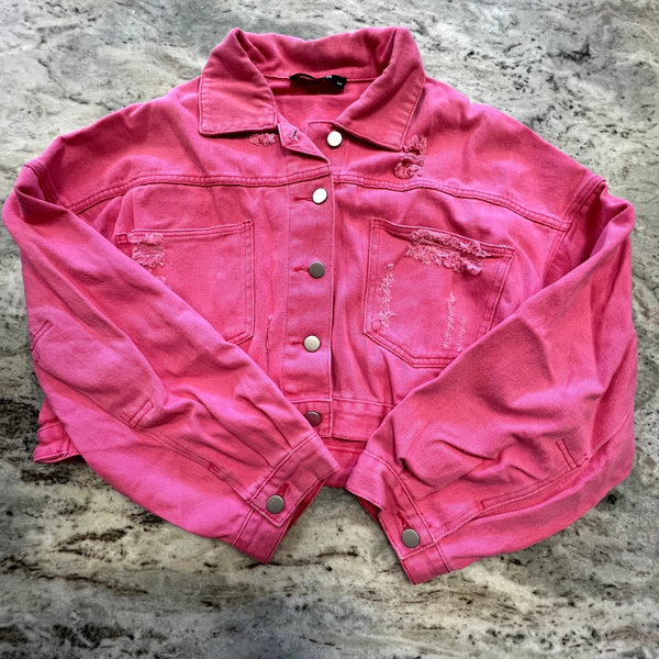 Blue B Hot Pink Cropped Fringe Rhinestone Button Down Jacket Size Small/Medium