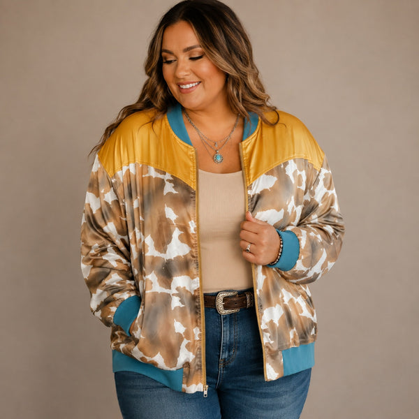 NWT Lucky & Blessed Cow Print Full Zip Satin Jacket Size 2XL