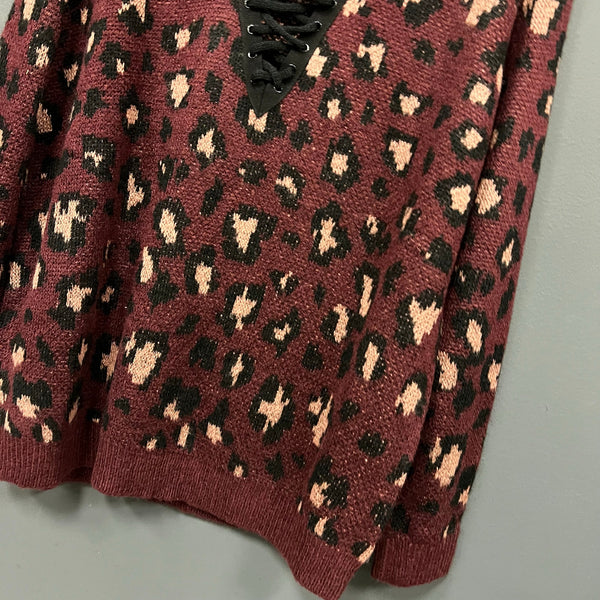 Love Tree Boutique Maroon Leopard Print Lace Up Neck Sweater Plus Size 2X/3X