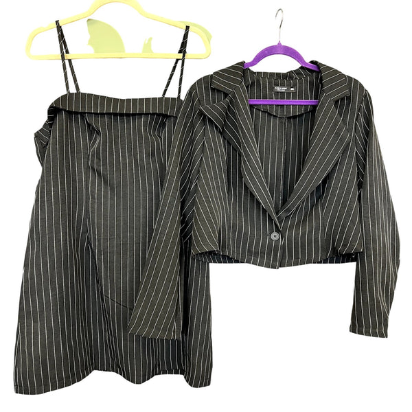Women's Black Pinstripe Mini Dress + Blazer Set Plus Size 0XL