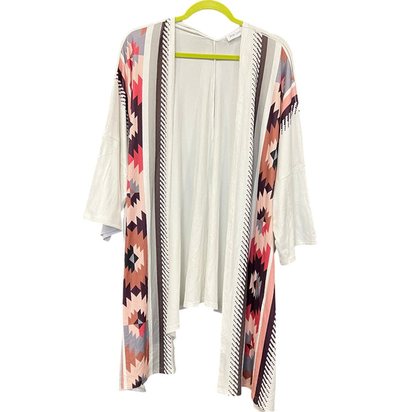 Women's Ivory Ribbed Open Front Short Sleeve Cardigan Aztec Print Large