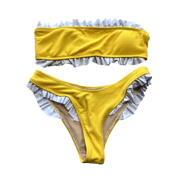 Yellow + White Ruffle Two Piece Cheeky Bikini Swimsuit Size Medium