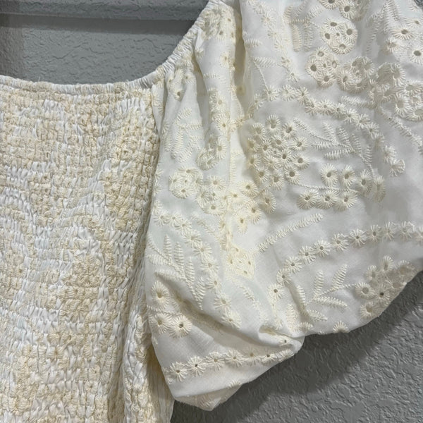 NWT Jodifl Floral Embroidered Smocked Ivory Dress Large