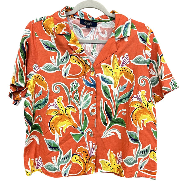 Rachel Roy Orange Tropical Linen Short Sleeve Button Down Size Large