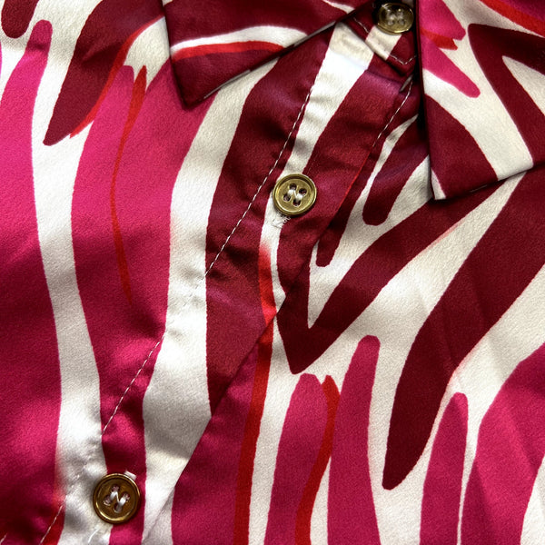Women's Satin Magenta + White Whimsical Button Down Blouse Size Medium