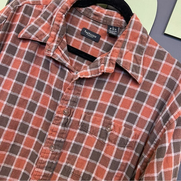 Van Heusen Burnt Orange Plaid Flannel Button Down Size 16