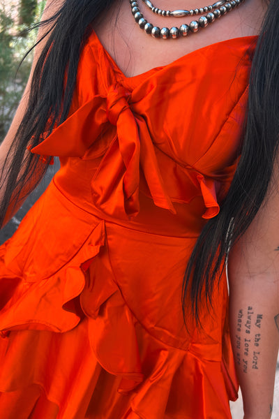 Bright Red Satin Ruffle Dress