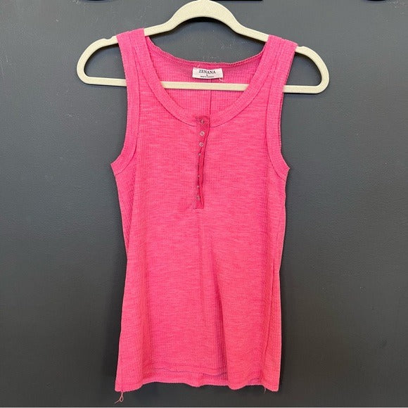 Zenana Hot Pink Ribbed Henley Tank Top Large