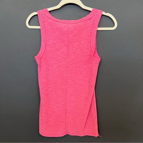 Zenana Hot Pink Ribbed Henley Tank Top Large