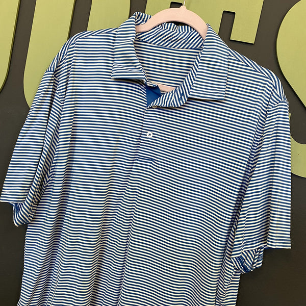 Southern Tide Performance Stretch Blue + White Stripe Short Sleeve Polo Shirt XL