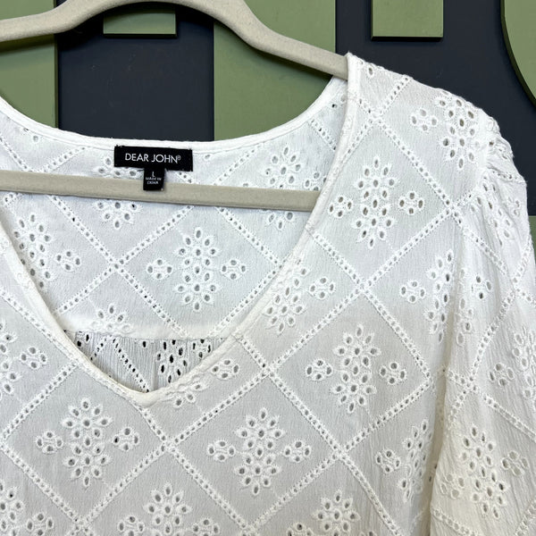 Dear John Women's White Embroidered Bubble Sleeve V-Neck Blouse Large