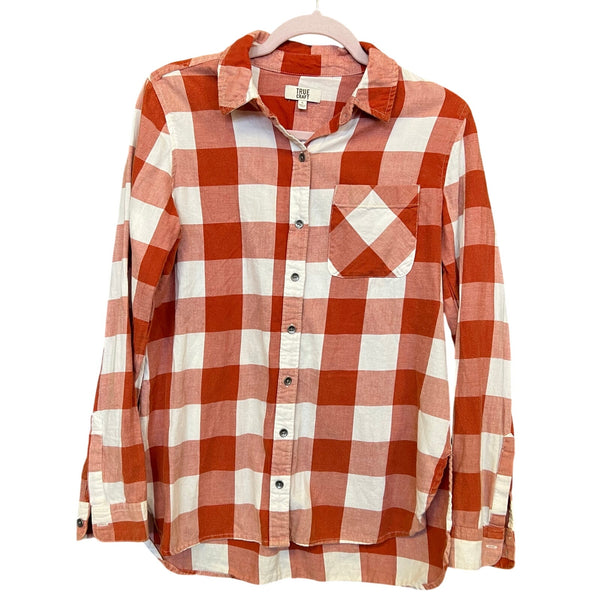 True Craft Orange + Cream Plaid Button Down Flannel Small