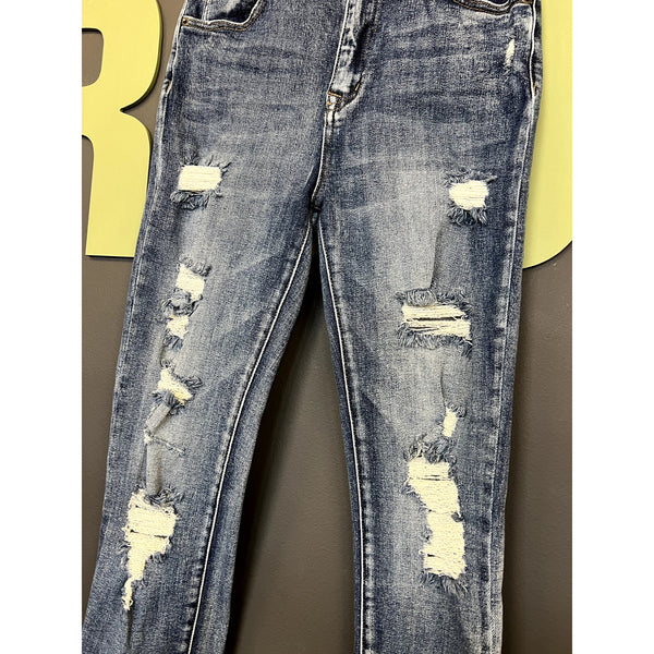 Risen High Rise Dark Wash Distressed Skinny Jeans Size 28