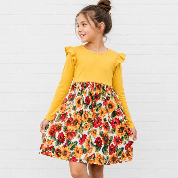 Girls Long Sleeve Mustard Sunflower Dress Size Youth Medium