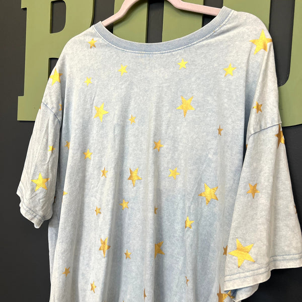 Easel Light Blue Garment Washed Star Print Oversized Tee Size Medium
