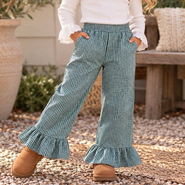 Girls Green + White Gingham Ruffle Pants Size 3T