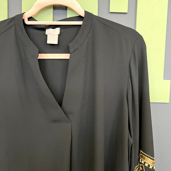 Chico's Black V-Neck Gold Embellished Balloon Sleeve Blouse Size 12/14