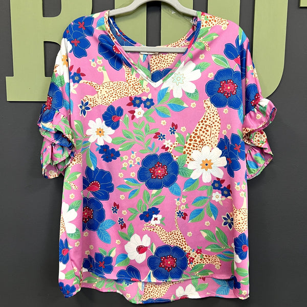 Entro Multicolor Leopard Ruffle Sleeve Blouse Size Large
