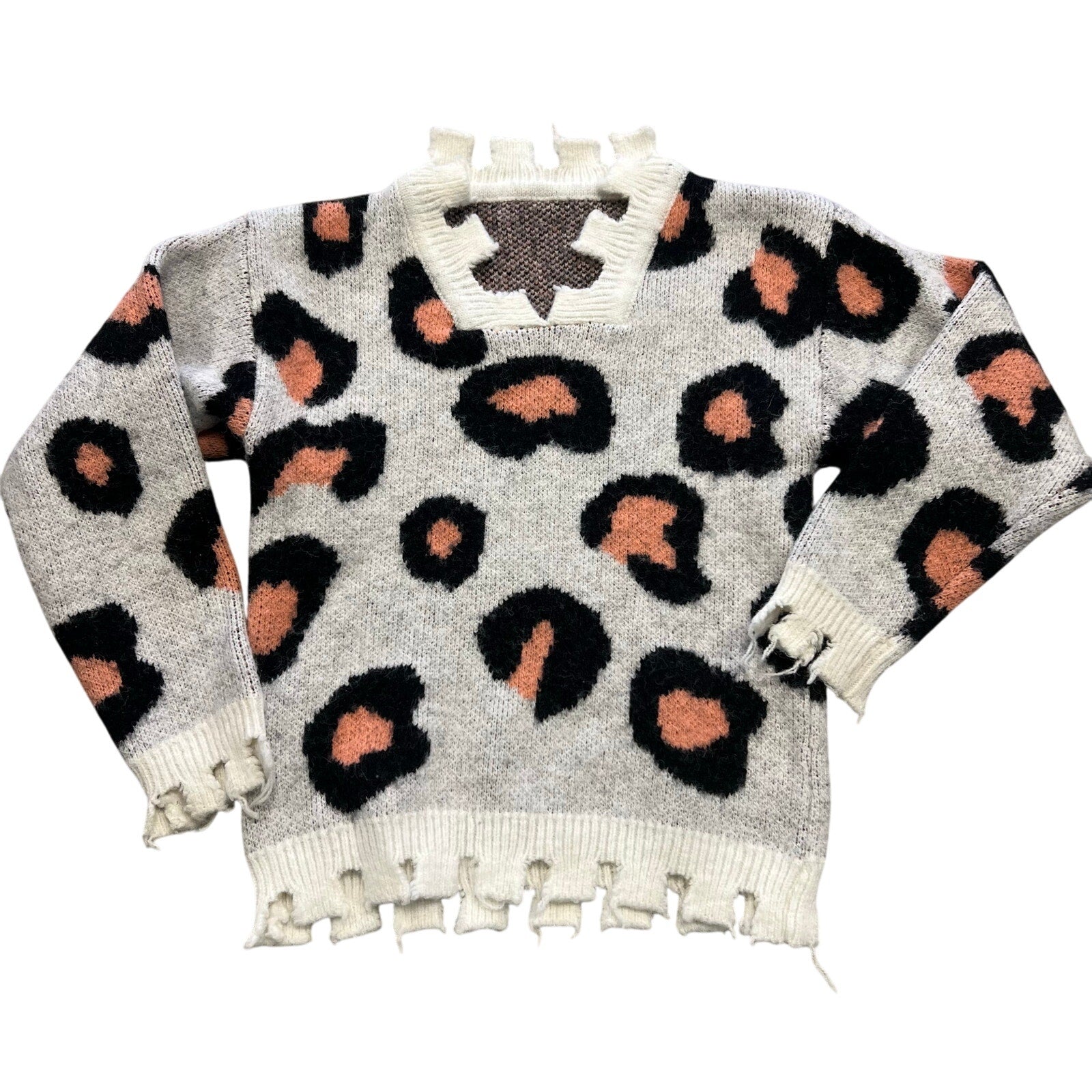 Girls Distressed Leopard V-Neck Sweater Size 3T