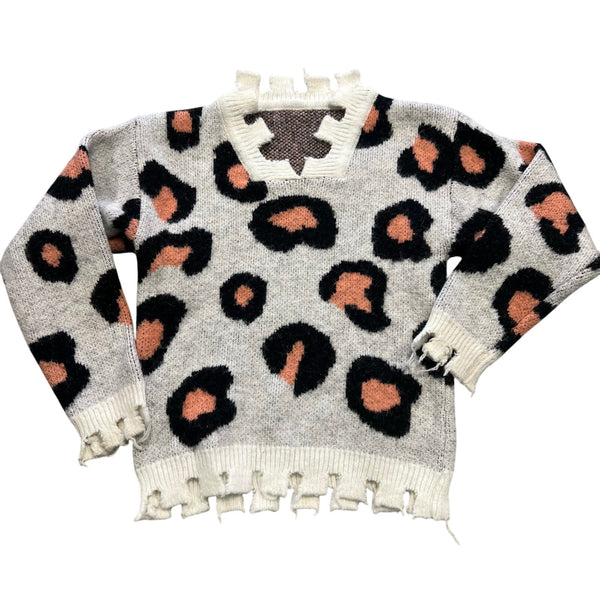 Girls Distressed Leopard V-Neck Sweater Size 3T