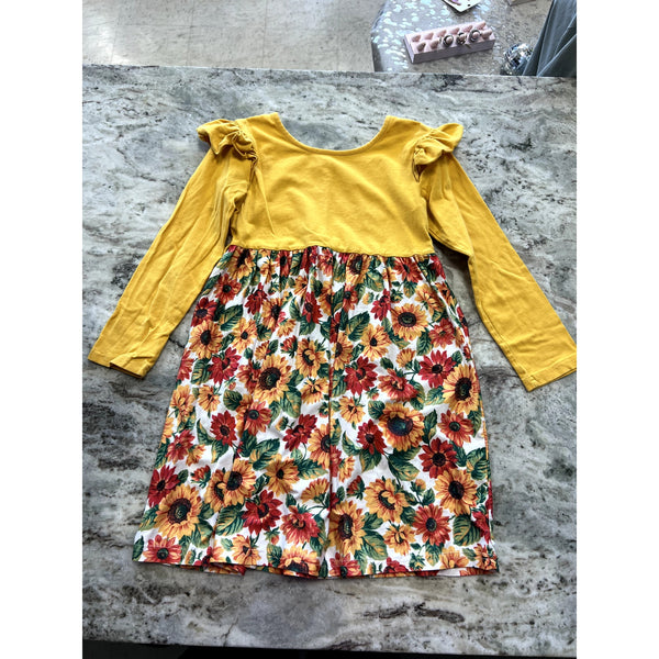 Girls Long Sleeve Mustard Sunflower Dress Size Youth Medium
