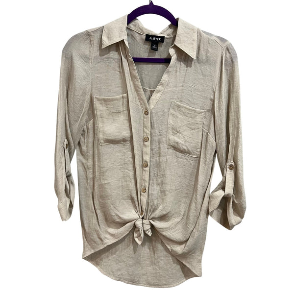 A. Byer Lightweight Taupe Button Down Blouse Medium