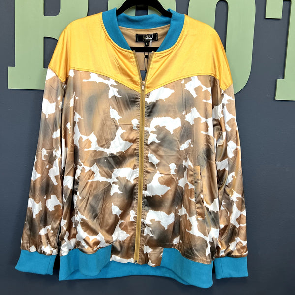 NWT Lucky & Blessed Cow Print Full Zip Satin Jacket Size 2XL