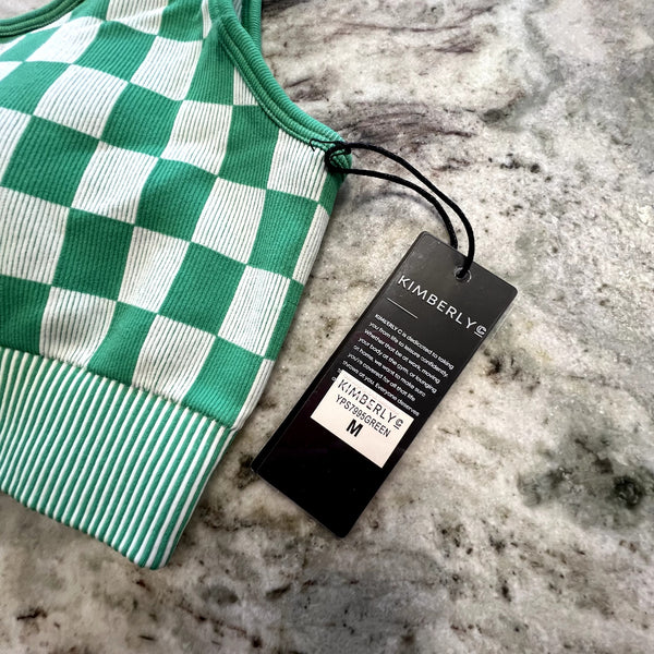NWT Green + White Checkered Sports Bra Size Medium