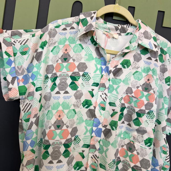 NWT Entro Rizzo Pastel Geometric Pattern Boxy Button Down Dress Small