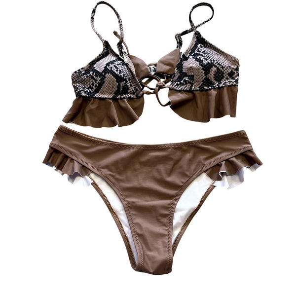 NWOT Brown Ruffle Snakeprint Bikini Medium