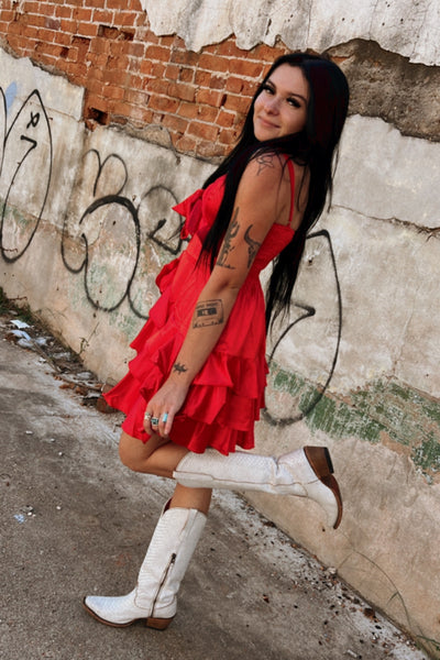 Bright Red Satin Ruffle Dress