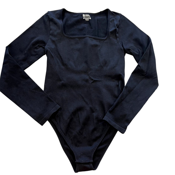 Women's Ribbed Black Square Neck Tummy Control Bodysuit Size Medium