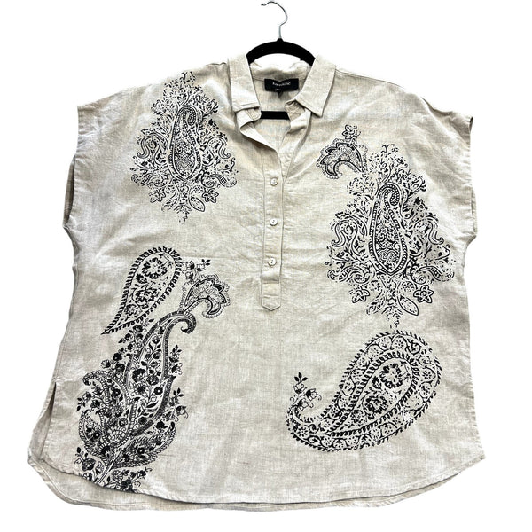 Karen Kane Paisley Linen Half Button Blouse Size Large