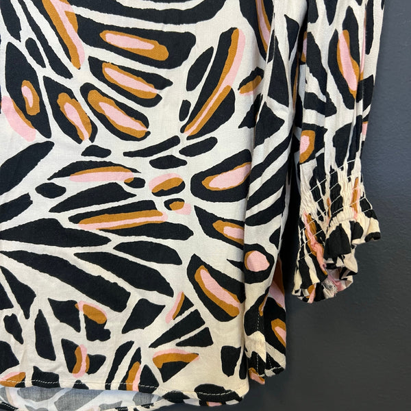 Tribal Ruffle V-Neck Animal Print Blouse Large
