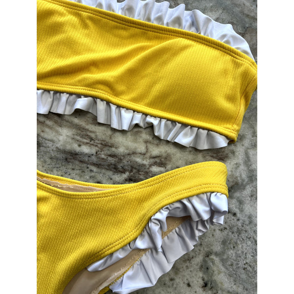 Yellow + White Ruffle Two Piece Cheeky Bikini Swimsuit Size Medium