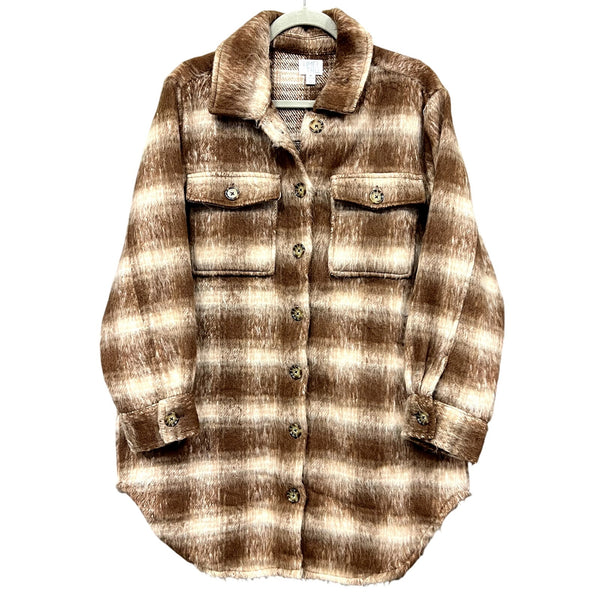 Time and Tru Faux Fur Brown Plaid Longline Button Down Trench Coat Medium