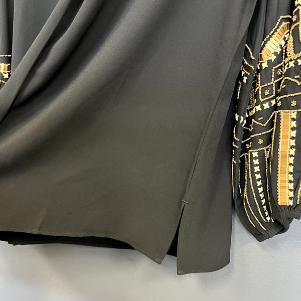 Chico's Black V-Neck Gold Embellished Balloon Sleeve Blouse Size 12/14