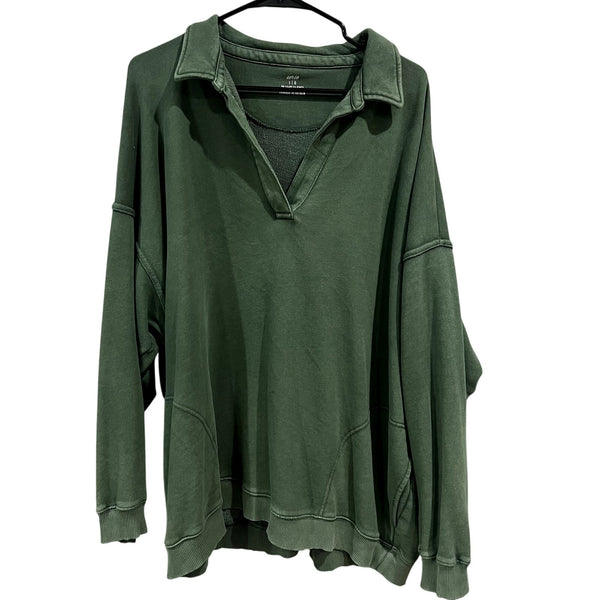 Aerie Dark Green V-Neck Collared Lounge Pullover Large