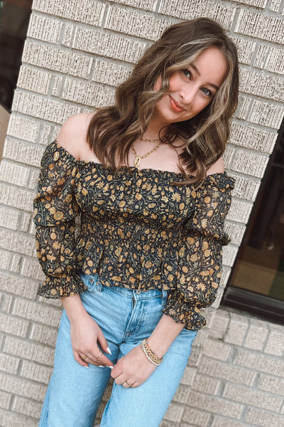 Navy Floral Smocked Square Neck Top