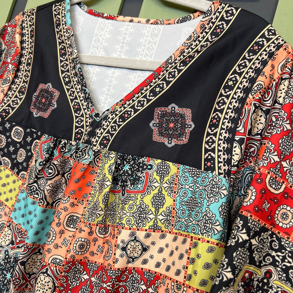 Women's Mixed Print V-Neck Bohemian Blouse Large
