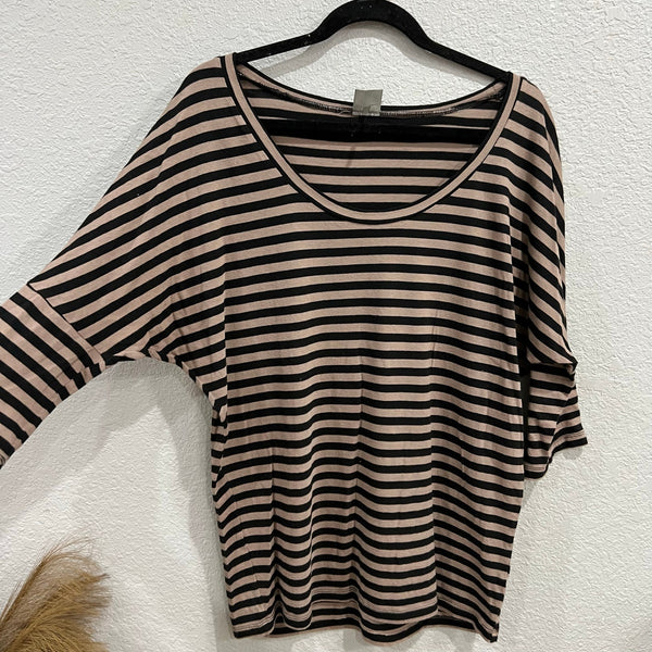 Bobi Black + Brown Striped Dolman Sleeve Scoop Neck Blouse Size Medium