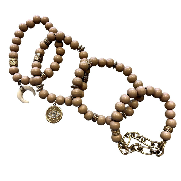 Set of 4 Wooden Beaded Bracelets with Gold Accents