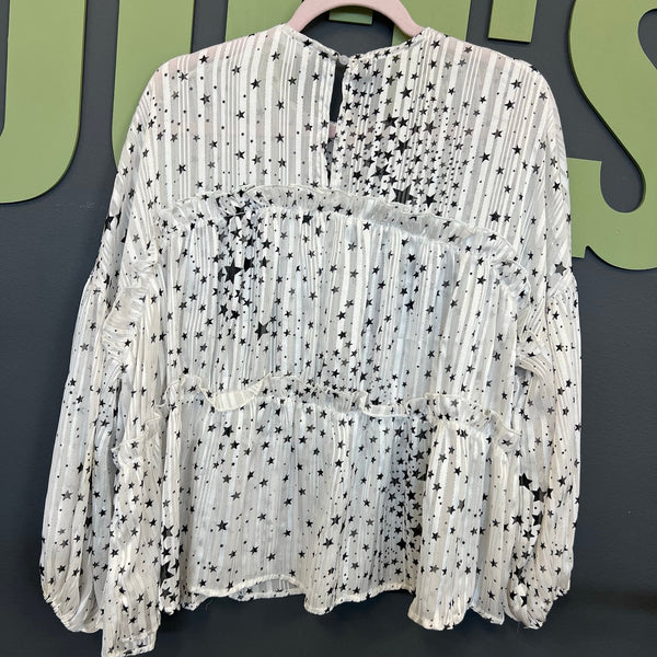 TCEC Sheer Black Star Ruffle Blouse Size Small