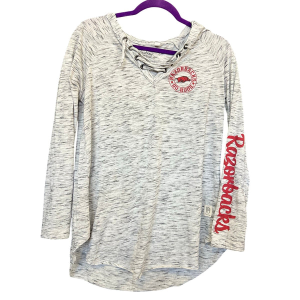 Pressbox Ash Gray Tie Up V-Neck Razorbacks Top Large