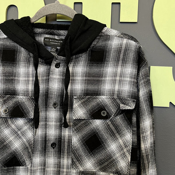 No Boundaries Men's Black + White Oversized Fit Hooded Flannel Medium