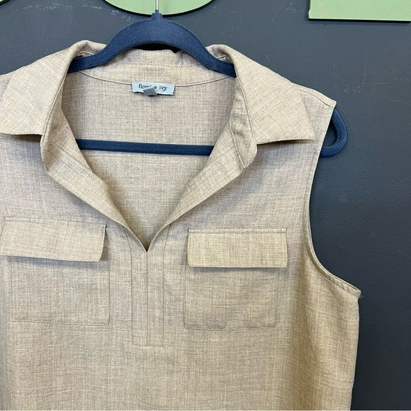 NWT Floral & Ivy Tan Linen V-Neck Sleeveless Blouse Large