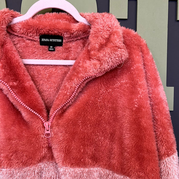Zenana Two Tone Pink Sherpa Half Zip Pullover 2XL