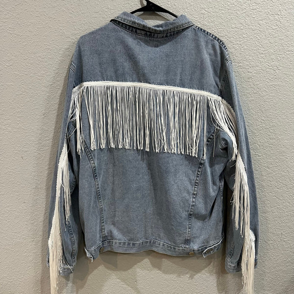 NWOT Elia Cher Fringe Denim Oversized Festival Jacket Large