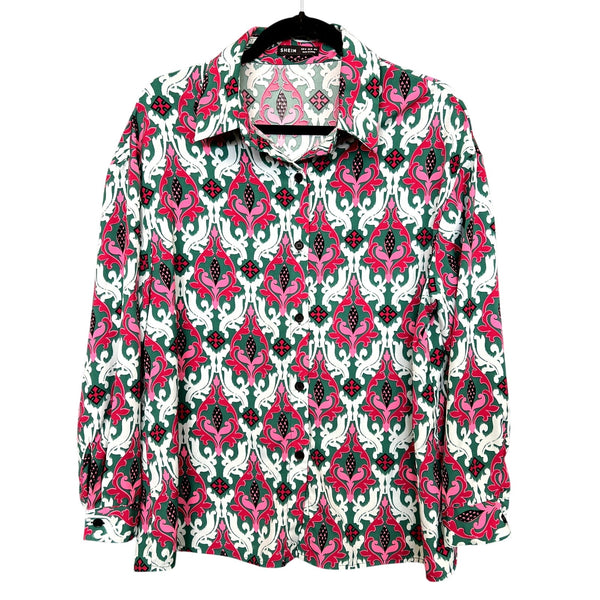 Women's Ikat Teal + Pink Button Down Satin Blouse Size Medium